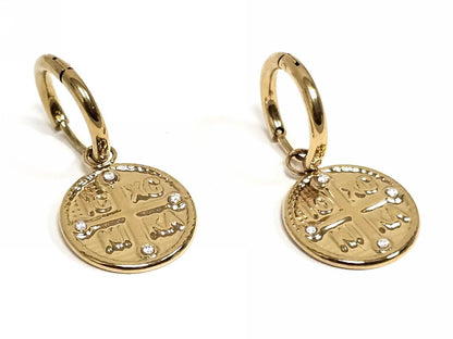 Σκουλαρίκια Ατσάλι 316L, κρίκος με σταυρό και στρας σε χρώμα Χρυσαφί