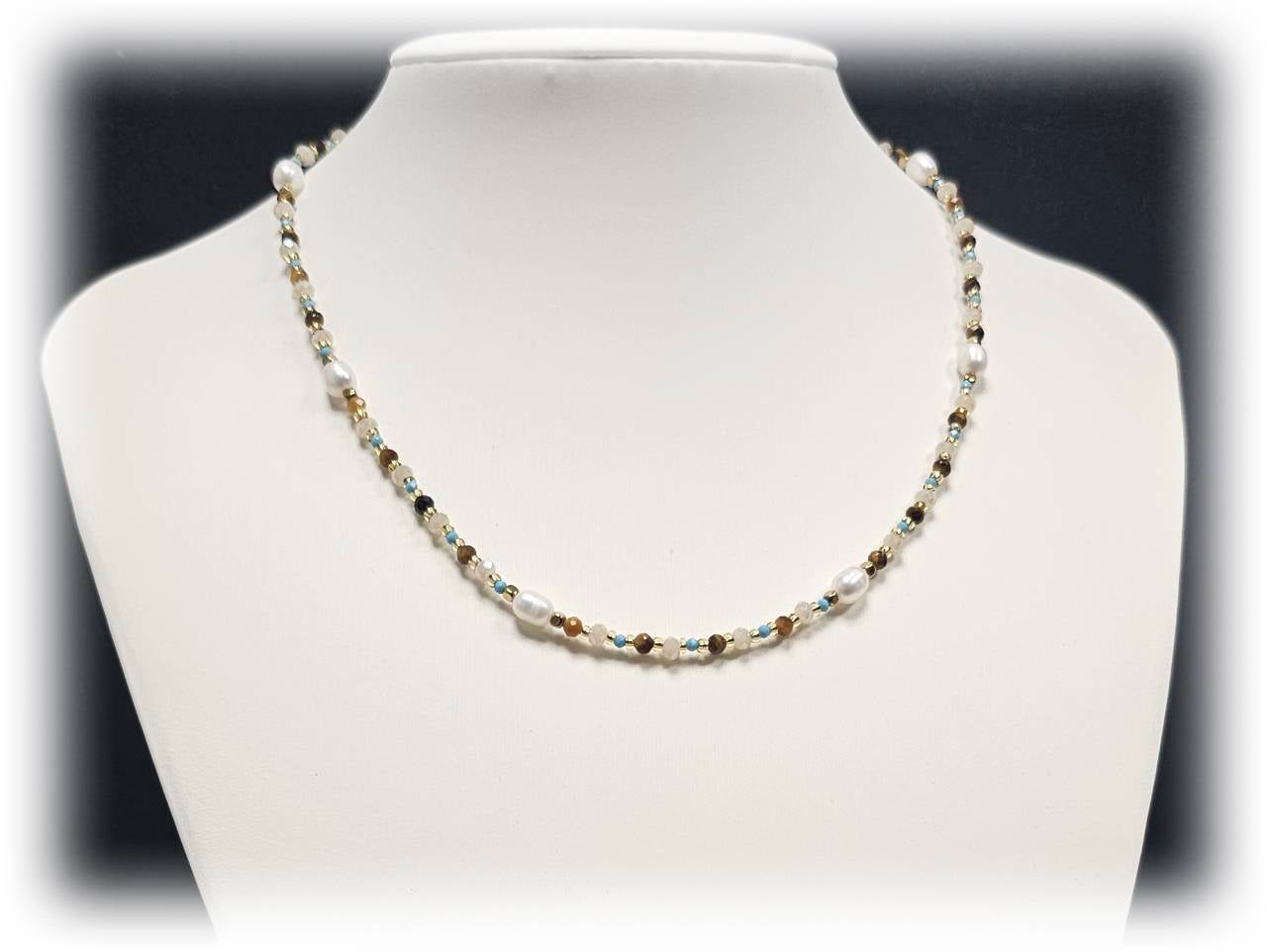 Κολιέ Πέτρα ατσάλι 316L, αλυσίδα με τυρκουάζ, μαργαριτάρι και διάφορες πέτρες σε χρώμα Χρυσαφί