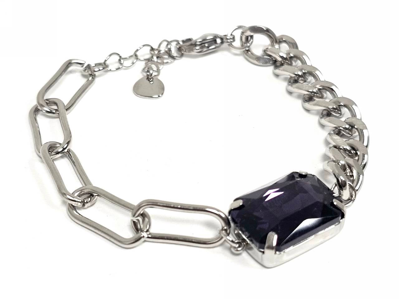 Βραχιόλι Ατσάλι 316L, αλυσίδα με μωβ κρυσταλλάκι σε χρώμα Ασημί