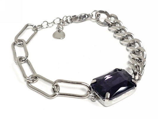 Βραχιόλι Ατσάλι 316L, αλυσίδα με μωβ κρυσταλλάκι σε χρώμα Ασημί