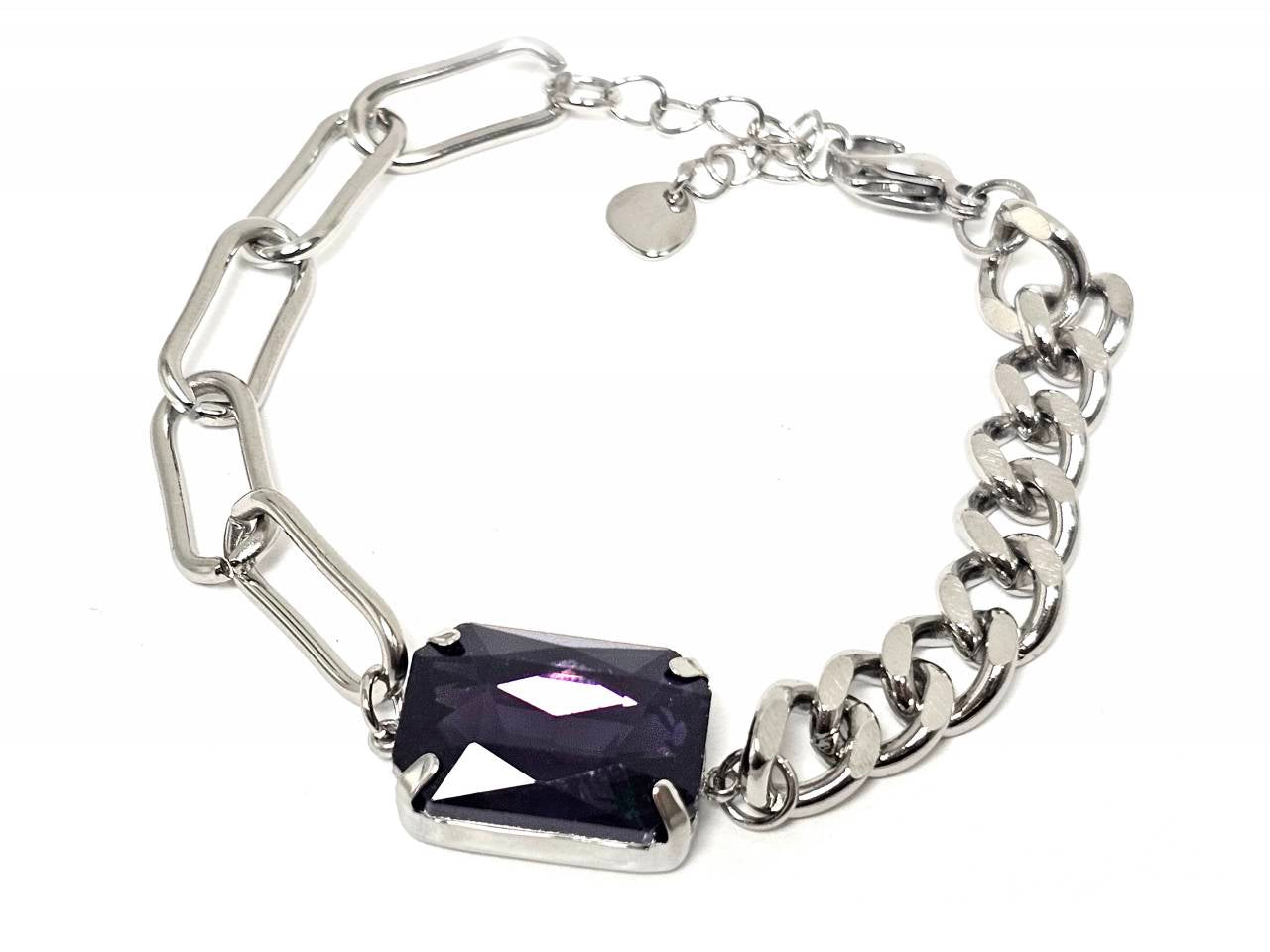 Βραχιόλι Ατσάλι 316L, αλυσίδα με μωβ κρυσταλλάκι σε χρώμα Ασημί