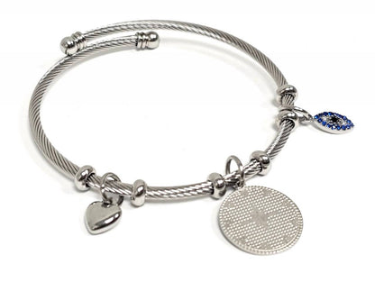 Βραχιόλι Ατσάλι 316L, με καρδιά ,  μάτι και στρας σε χρώμα Ασημί