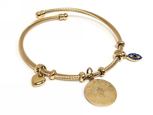 Βραχιόλι Ατσάλι 316L, με καρδιά ,  μάτι και στρας σε χρώμα Χρυσαφί