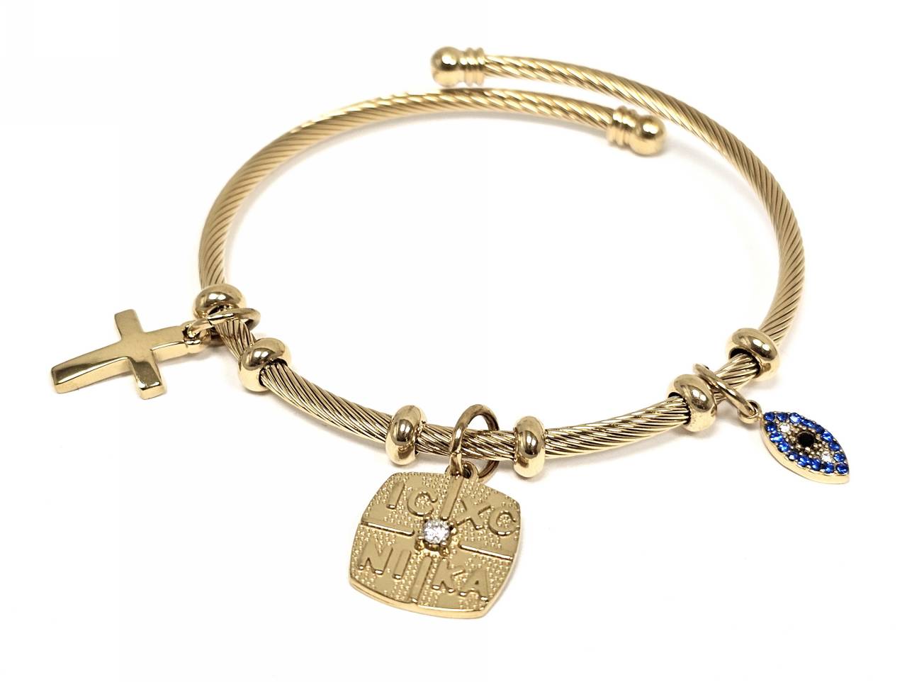 Βραχιόλι Ατσάλι 316L, με σταυρό , μαρτυρικό , μάτι και στρας σε χρώμα Χρυσαφί