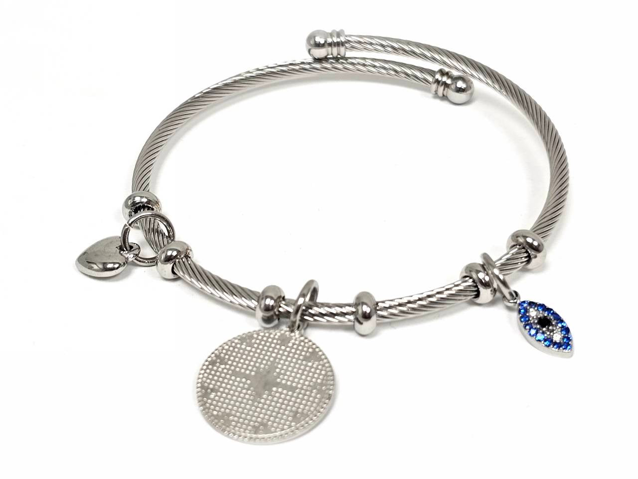 Βραχιόλι Ατσάλι 316L, με καρδιά ,  μάτι και στρας σε χρώμα Ασημί