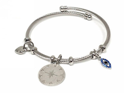 Βραχιόλι Ατσάλι 316L, με καρδιά ,  μάτι και στρας σε χρώμα Ασημί