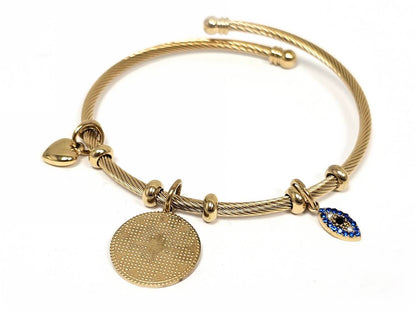 Βραχιόλι Ατσάλι 316L, με καρδιά ,  μάτι και στρας σε χρώμα Χρυσαφί