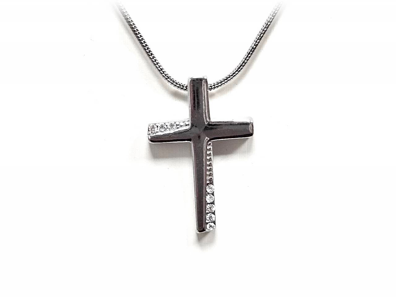 Κολιέ Ατσάλι 316L, αλυσίδα με σταυρό και στρας σε χρώμα Ασημί