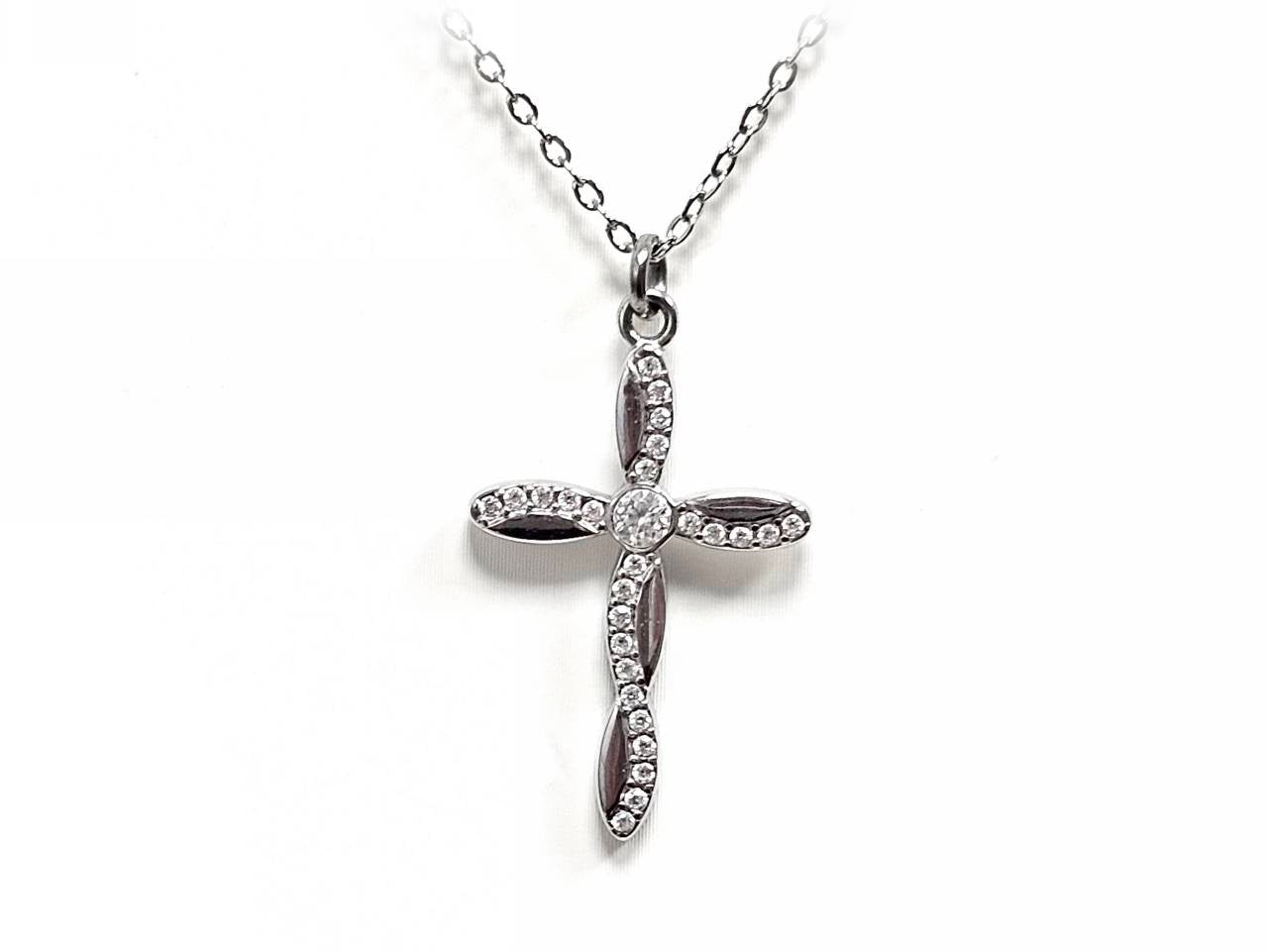 Κολιέ Ατσάλι 316L, αλυσίδα με σταυρό και στρας σε χρώμα Ασημί