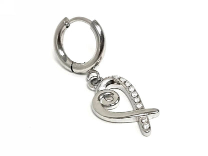 Σκουλαρίκια Ατσάλι 316L, κρίκος με καρδιά και στρας σε χρώμα Ασημί