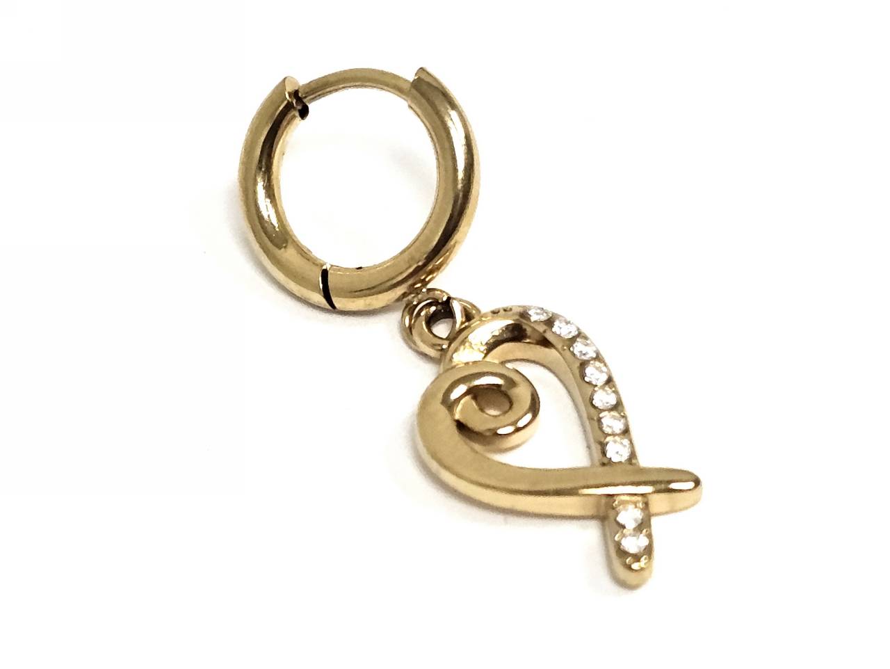 Σκουλαρίκια Ατσάλι 316L, κρίκος με καρδιά και στρας σε χρώμα Χρυσαφί