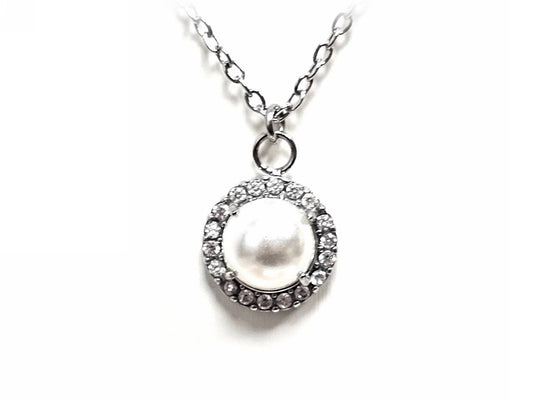 Κολιέ Ατσάλι 316L, αλυσίδα με πέρλα και στρας σε χρώμα Ασημί