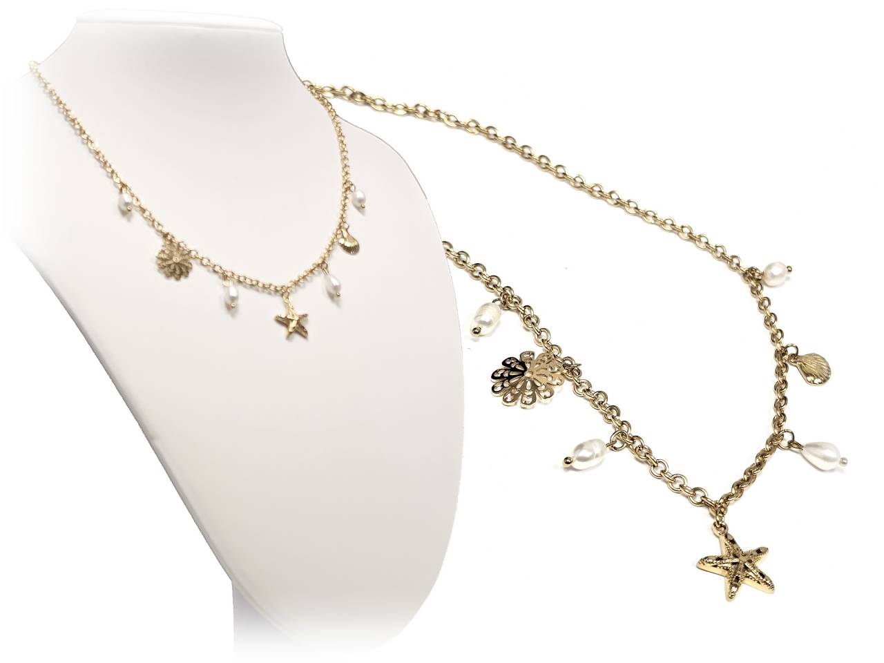 Κολιέ Ατσάλι 316L, αλυσίδα με διάφορα στοιχεία και μαργαριτάρι σε χρώμα Χρυσαφί