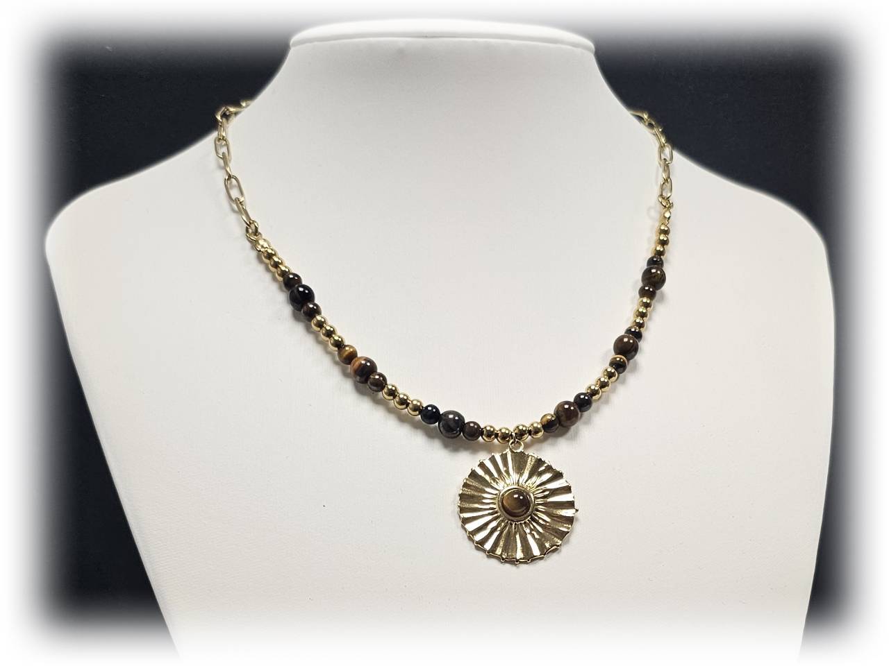 Κολιέ Πέτρα ατσάλι 316L, αλυσίδα με μάτι τίγρης σε χρώμα Χρυσαφί