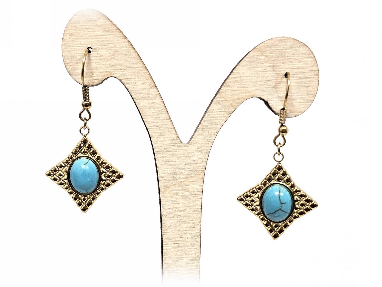 Σκουλαρίκια Πέτρα Ατσάλι 316L, με τυρκουάζ σε χρώμα Χρυσαφί