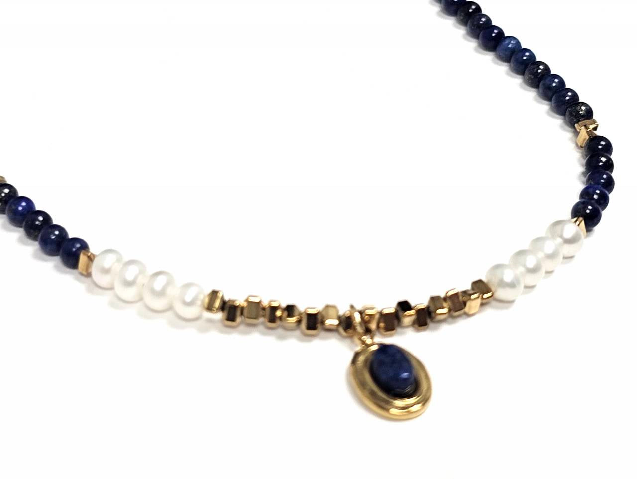 Γυναικείο Κολιέ από Ατσάλι 316L με Lapis Lazuli και Μαργαριτάρια σε Χρυσό Τόνο | 2610-201X