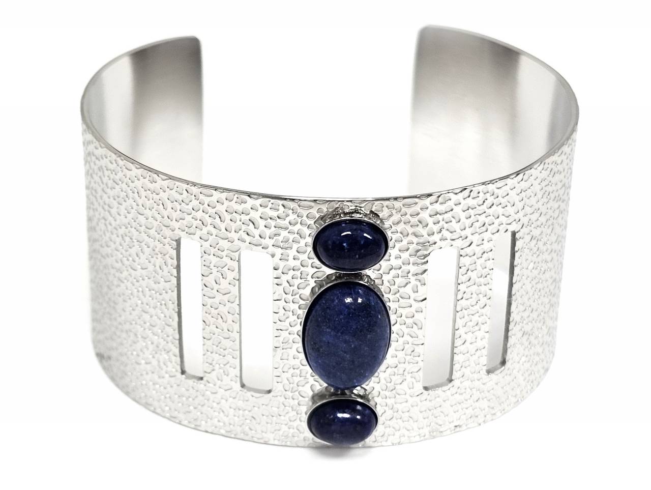 Γυναικείο Ασημένιο Ατσάλινο Βραχιόλι Cuff με Lapis Lazuli & Ανάγλυφη Υφή | 2612-318A