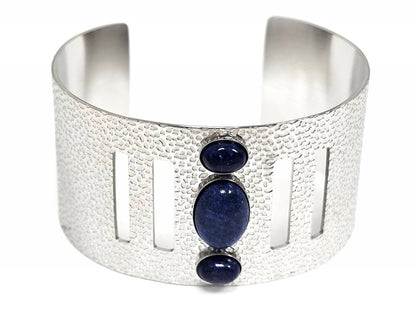 Γυναικείο Ασημένιο Ατσάλινο Βραχιόλι Cuff με Lapis Lazuli & Ανάγλυφη Υφή | 2612-318A