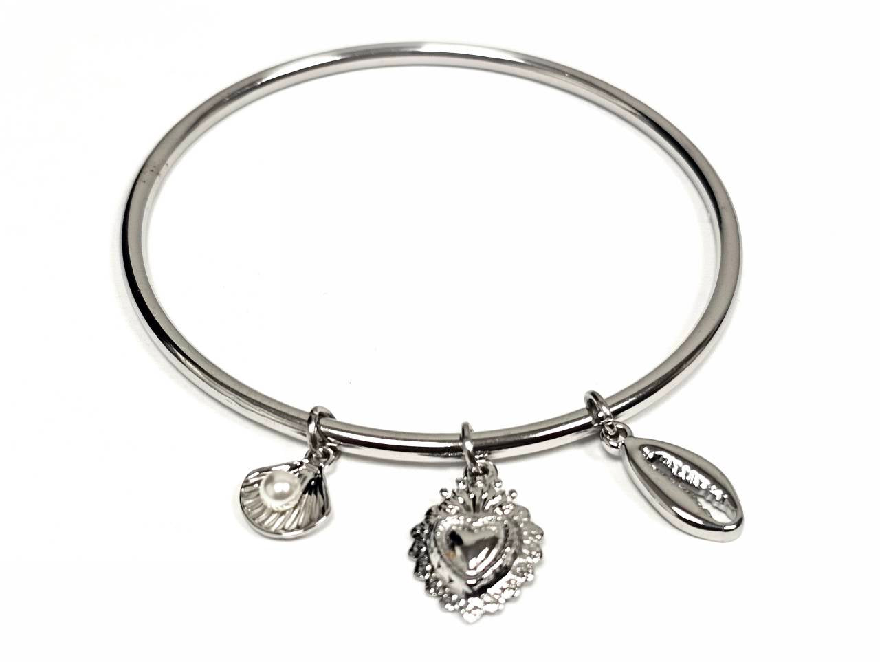 Γυναικείο Ασημί Ατσάλινο Βραχιόλι Bangle με Καρδιά, Κοχύλι & Μαργαριτάρι | 2611-405A