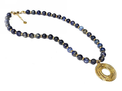 Γυναικείο Ατσάλινο Κολιέ Χρυσαφί με Lapis Lazuli και Κρεμαστό Κύκλο | 2613-104X