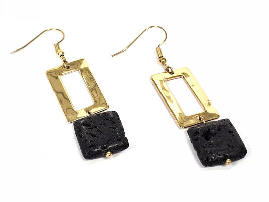 Γυναικεία Χρυσά Ατσάλινα Σκουλαρίκια με Ορθογώνιο Σχέδιο και Πέτρα Λάβας | 2613-213X
